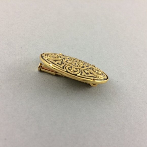 Vtg Toledoware Faux Damascene Oval Brooch Pin Arabesque Flower Goldtone Black - Picture 3 of 12